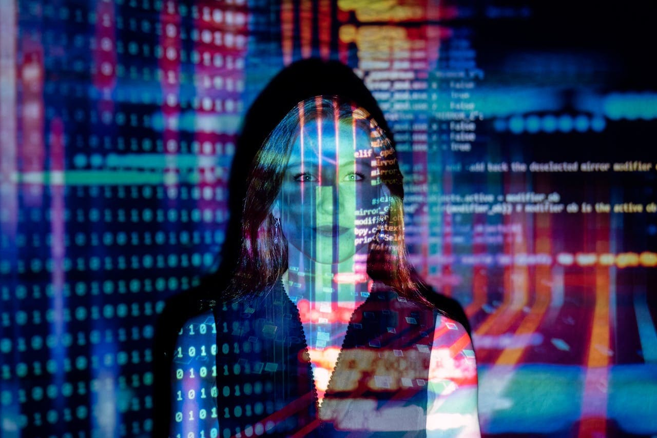 Women with code projected onto her